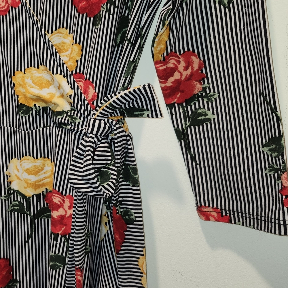 Eccentric Stripe Roses Mini Dress Size Medium No Boundaries Quarter Sleeve - Picture 4 of 7